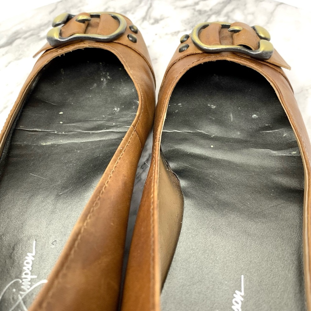 Jessica Simpson Brown Leather Ballet Toe Buckle Wedge Flats 8.5 Classic Preppy - Picture 11 of 16